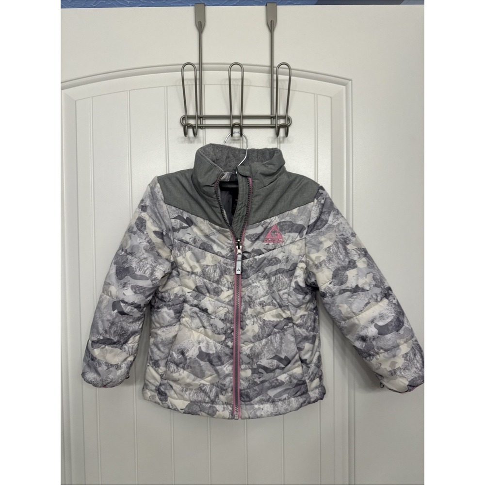 Gerry Puffer Jacket Girls Size XS 5/6 Front Zip Grey White Camo Pink Trim